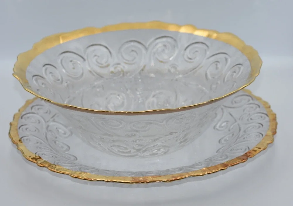 Italian 3D Scrolled Gold Gilded Rimmed Serving Punch Salad Bowl & Platter Set